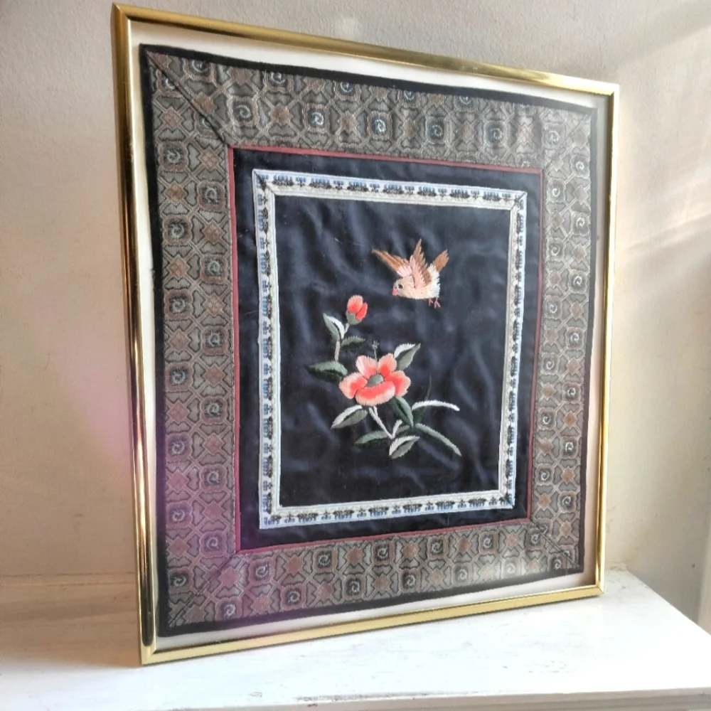 Vintage framed needlepoint on silk bird and flower tapestry
